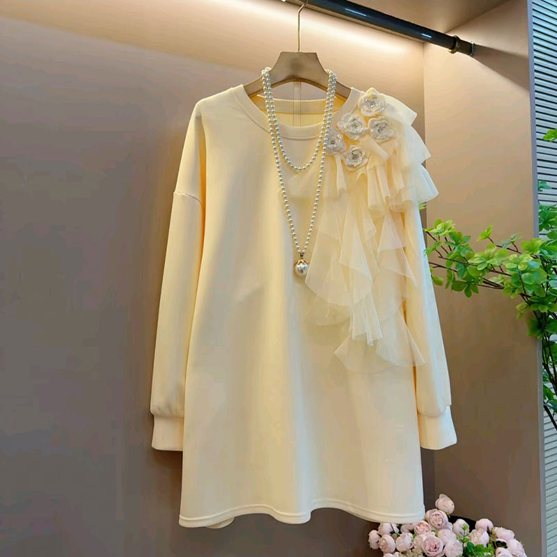 大码冬花朵网纱宽松气质百搭上衣