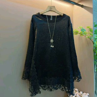胖mm宽松大衫 新款 女装 洋气拼接蕾丝显瘦浮雕气质上衣大码 欧货时尚