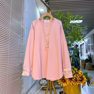 春季 女装 新款 时尚 上衣女 中式 拼接缎面T恤衫 复古高级感胖妹妹大码