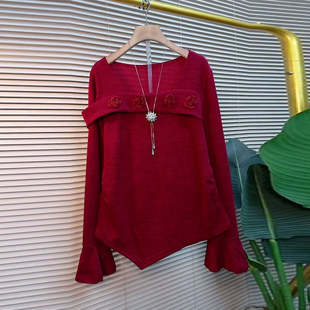 方领小衫 长袖 胖MM显瘦立体花朵不规则上衣新款 喇叭袖 大码 衬衫 女装