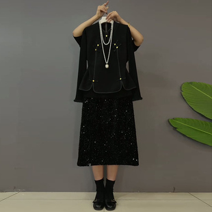 烫钻 盘扣收腰马甲胖MM显瘦百搭打底衫 亮片开叉半身裙洋气大码 女装