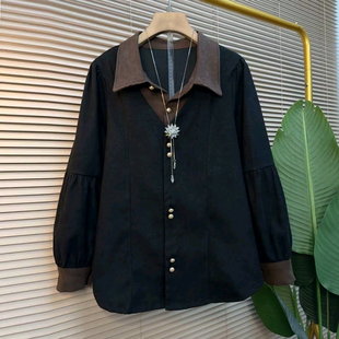 减龄新款 百搭衬衫 大码 胖MM欧货翻领拼接假两件泡泡袖 女装 2025秋季