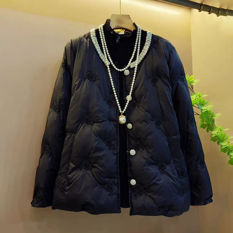 镶钻V领菱格压花显瘦棉服外套冬