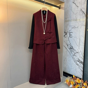 女装 大码 新中式 复古盘扣时尚 子三件套 2025秋冬季 马甲内搭裤 新款