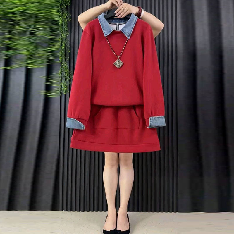 欧货新款胖mm大码女装时尚减龄牛仔拼接卫衣百搭显瘦短裙休闲套装,女装/女士精品,大码套装,淘宝优惠券,粉丝福利购,淘宝优惠卷