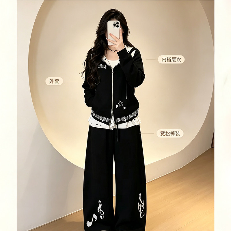 大码女装2026秋季胖妹妹星星音符连帽外套阔腿裤休闲两件套套装潮