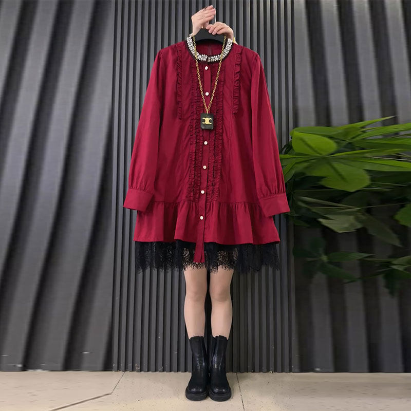 新款时尚钉珠圆领蕾丝拼接衬衫裙大码女装胖mm宽松遮肉显瘦大衫裙,女装/女士精品,大码内搭,淘宝优惠券,粉丝福利购,淘宝优惠卷