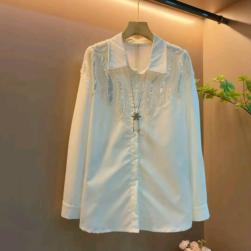重工钉珠亮片翻领衬衫2026春季新款中长款大衫遮肉大码女装百搭衫,女装/女士精品,大码内搭,淘宝优惠券,粉丝福利购,淘宝优惠卷