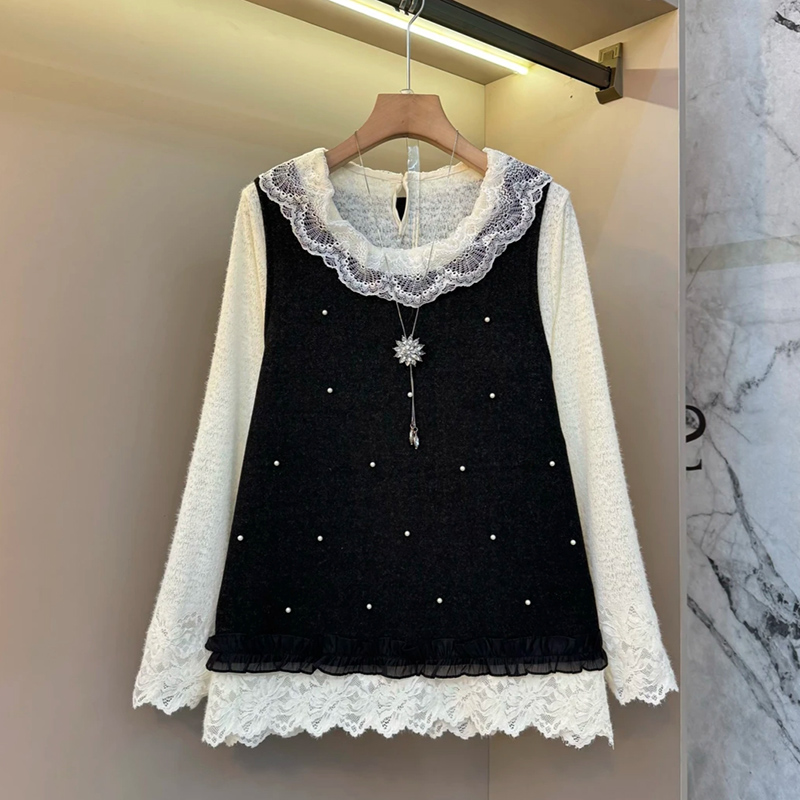 珍珠马甲大码女装打底衫两件套