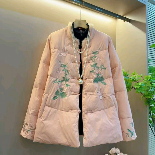 新中式大码女装国风盘扣刺绣棉服