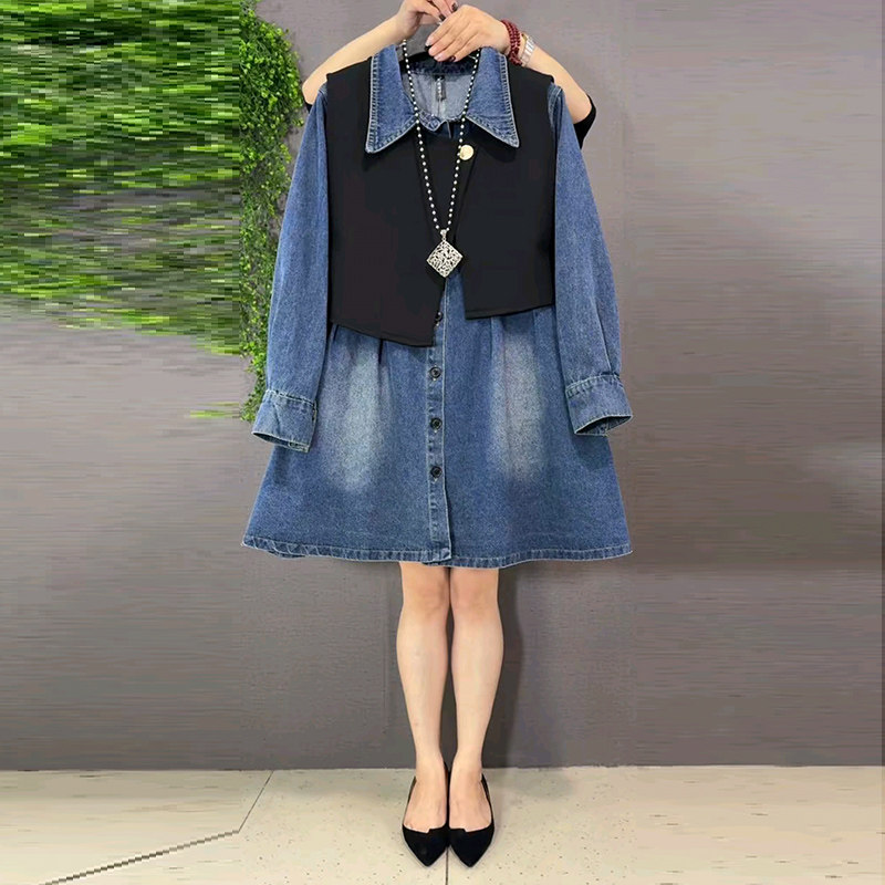 洋气大码女装翻领牛仔裙设计感背心马甲2026春季新款连衣裙两件套,女装/女士精品,大码套装,淘宝优惠券,粉丝福利购,淘宝优惠卷