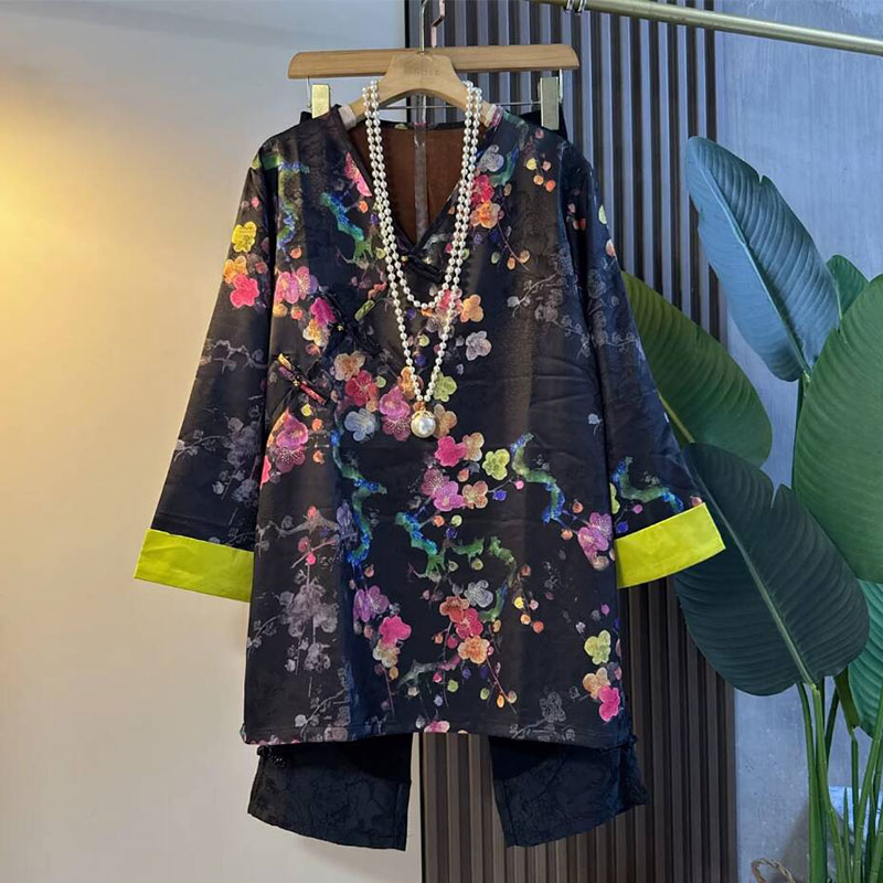 复古盘扣提花上衣百搭显瘦裤子