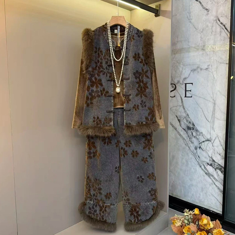 国风毛边马甲裤子打底衫