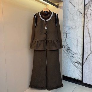 花边阔腿裤 韩版 荷叶边马甲胖MM显瘦高领百搭打底衫 女装 三件套 大码