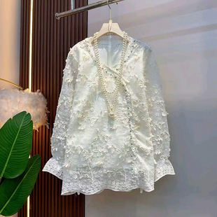 钉钻珍珠衬衫 女装 新款 花苞袖 蕾丝立体花朵长袖 女人衫 上衣洋气大码