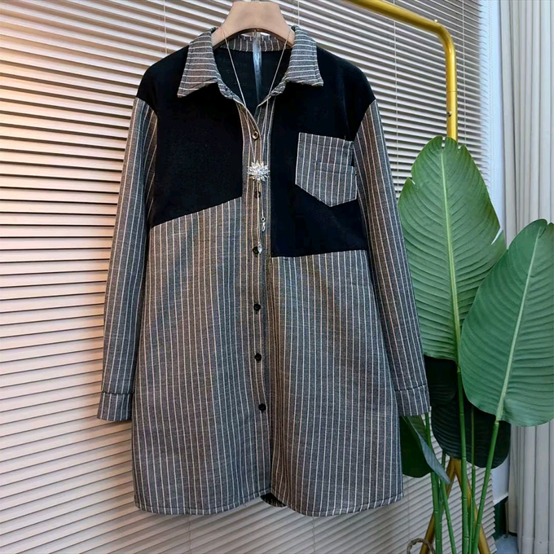 不对称拼接条纹中长衬衫