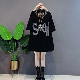 大衫 大码 胖mm宽松烫钻短袖 2024春夏新款 字母洋气显瘦上衣 女装