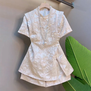 国风旗袍晚礼服名媛气质提花短袖短裤两件套大码女装胖MM夏季新款