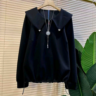 女装 新款 简约娃娃领休闲抽绳卫衣大码 时尚 胖mm减龄显瘦上衣女 韩版