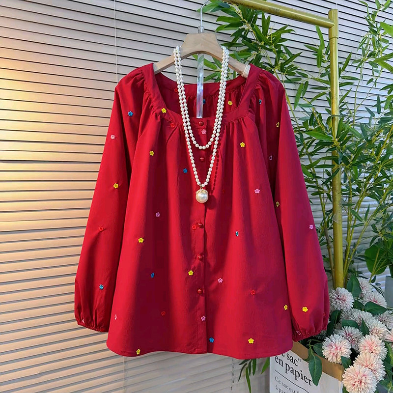 新款韩系方领重工提花刺绣花朵设计感衬衫大码女装胖mm减龄上衣女,女装/女士精品,大码内搭,淘宝优惠券,粉丝福利购,淘宝优惠卷