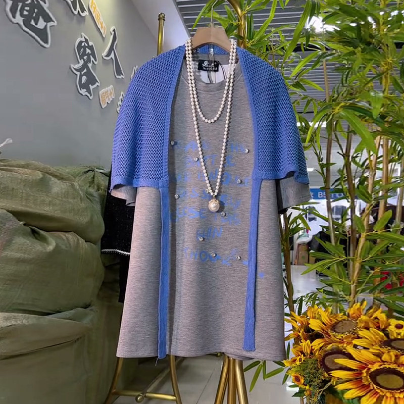 2026春季新款针织披肩胖mm显瘦中长款短袖T恤衫大码女装字母衬衫