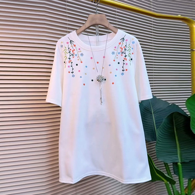 大码女装彩色刺绣花朵短袖T恤衫