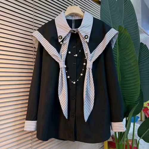 大码女装设计感条纹披肩领小衫