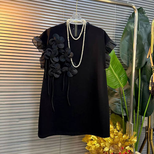 无袖T恤立体花朵中长款上衣