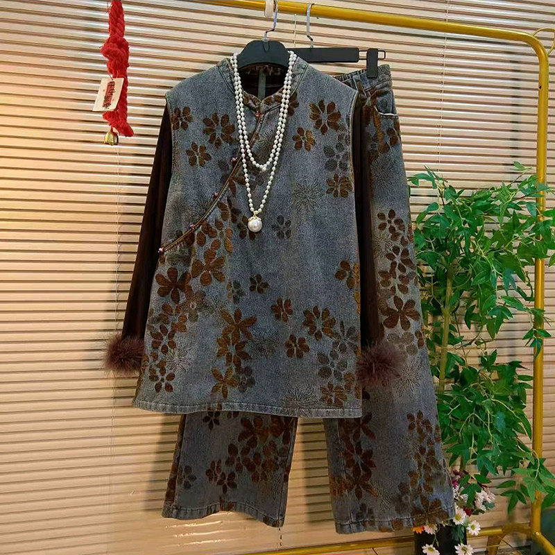 2025冬季新款大码女装胖MM时尚百搭斜襟牛仔马甲搭配阔腿裤打底衫