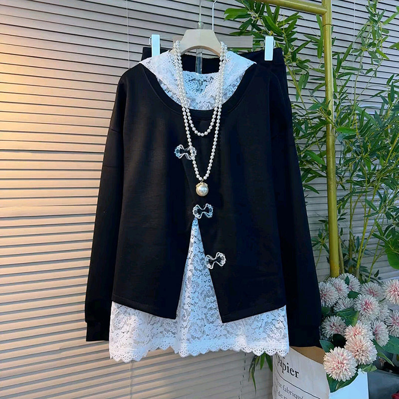 胖MM新款设计感蝴蝶结长袖衫连帽蕾丝坎袖内搭半身裙套装大码女装,女装/女士精品,大码套装,淘宝优惠券,粉丝福利购,淘宝优惠卷