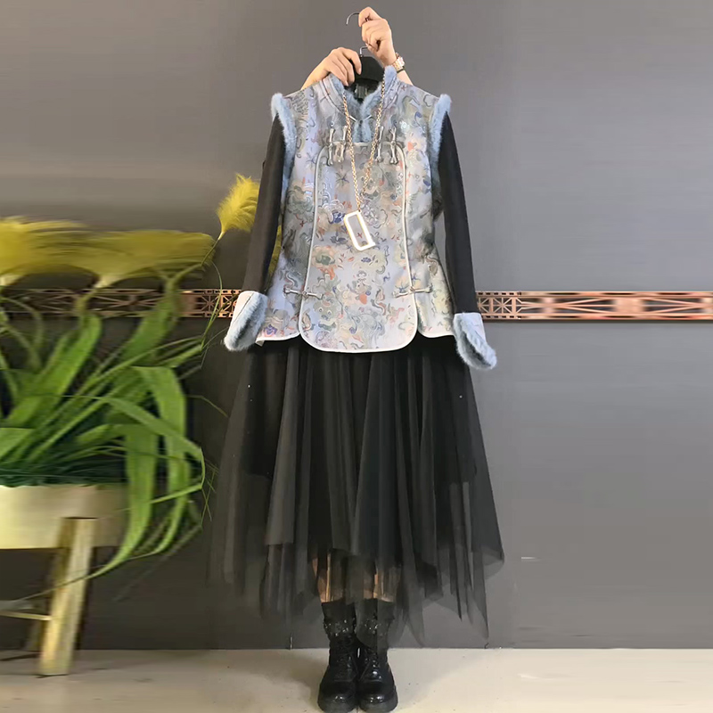 中式马甲打底衫亮片半裙三件套新