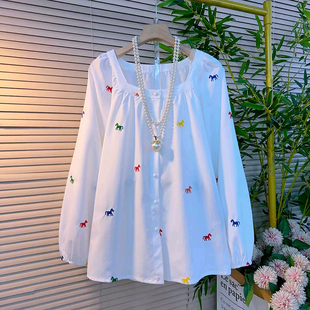 新款 设计感减龄衬衫 大码 胖MM方领提花刺绣彩色小马新年款 女装 冬季