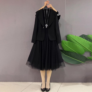 胖妹妹秋季大码女装翻领钉珠西装上衣外套中长款吊带纱裙两件套装