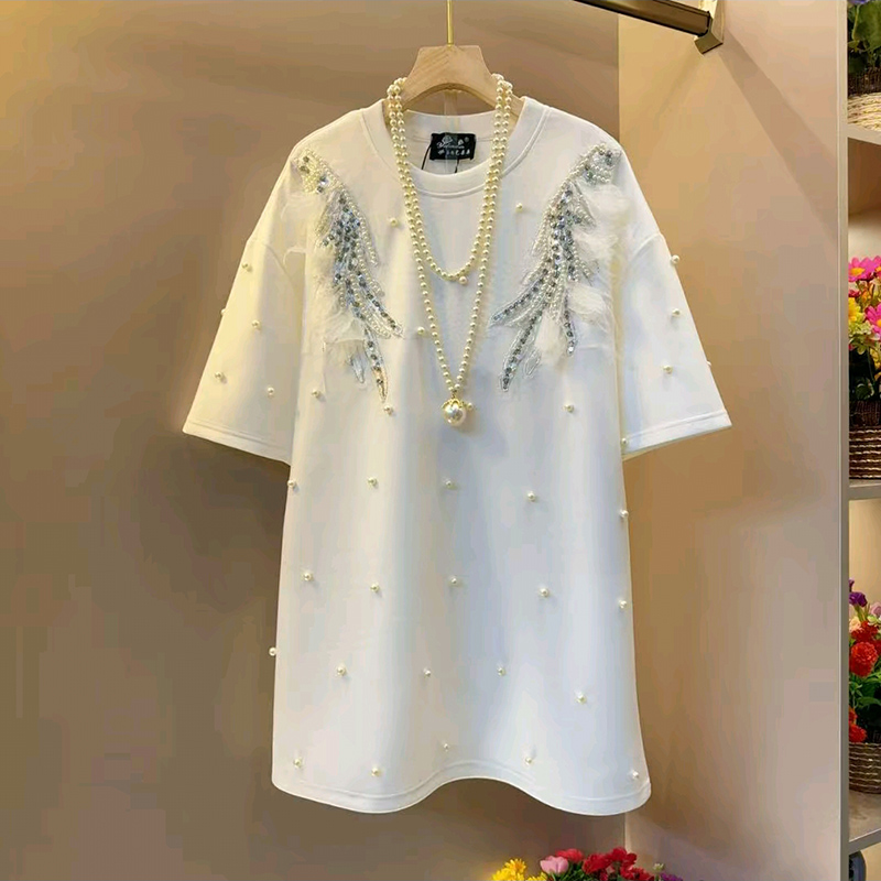 钉珠羽毛大码女装短袖上衣T恤衫