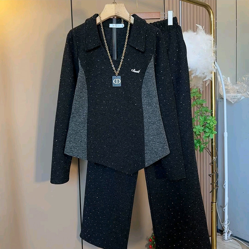 新款大码女装韩版气质翻领撞色不规则上衣胖mm拖地裤亮闪两件套女,女装/女士精品,大码套装,淘宝优惠券,粉丝福利购,淘宝优惠卷