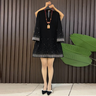 钉珠烫钻设计长袖 胖妹妹2025早秋新款 时尚 女装 遮肉显瘦连衣裙 大码