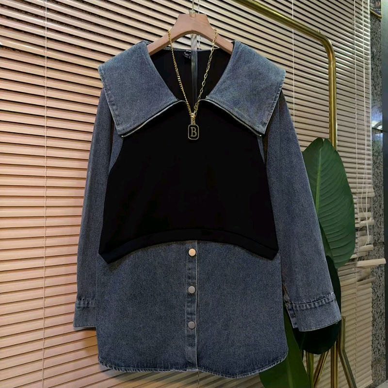 2026春季新款欧货时尚娃娃领牛仔拼接假两件上衣大码女装洋气卫衣,女装/女士精品,大码内搭,淘宝优惠券,粉丝福利购,淘宝优惠卷