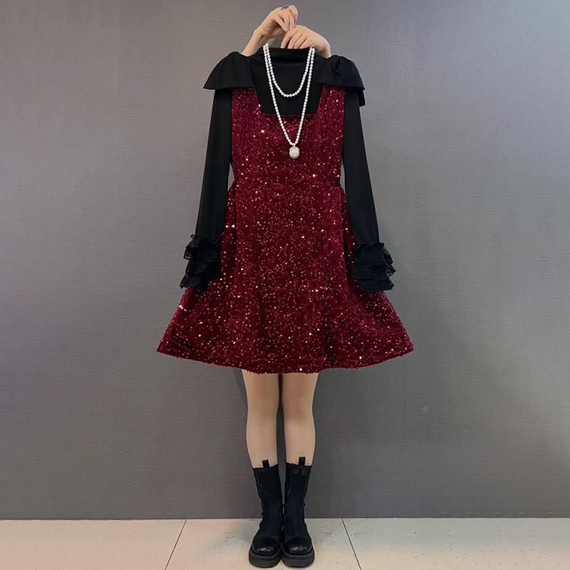 亮片蝴蝶结马甲裙显瘦打底套装