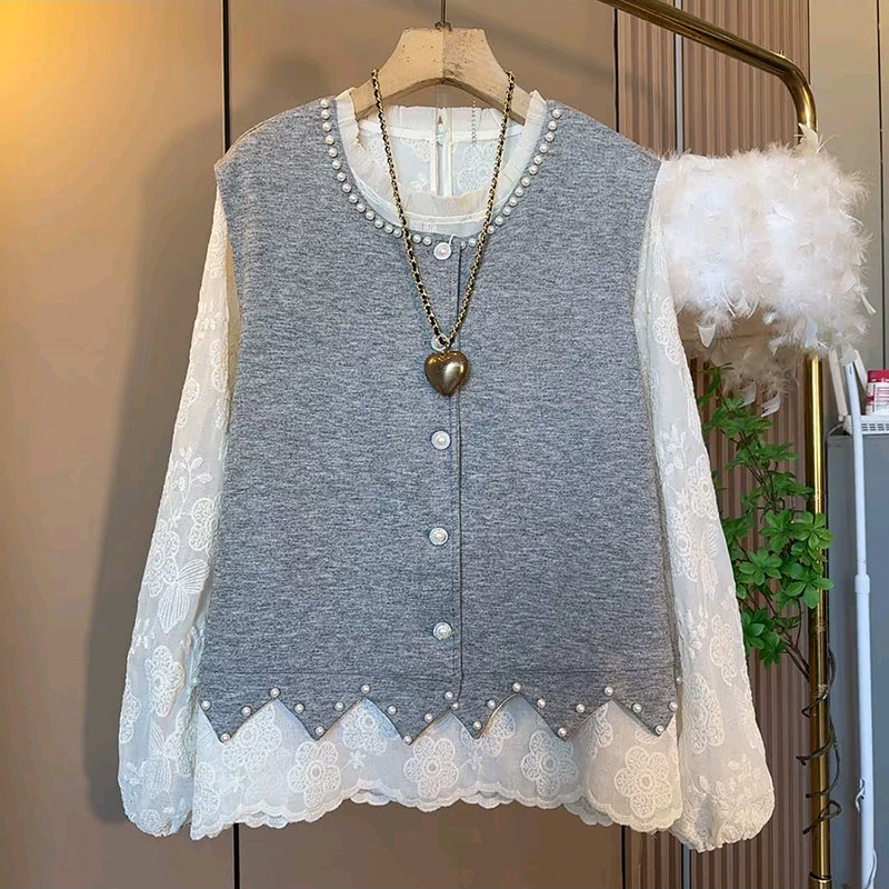 胖mm2026春季新款大码女装欧货时尚洋气韩版钉珠马甲蕾丝衫两件套,女装/女士精品,大码套装,淘宝优惠券,粉丝福利购,淘宝优惠卷