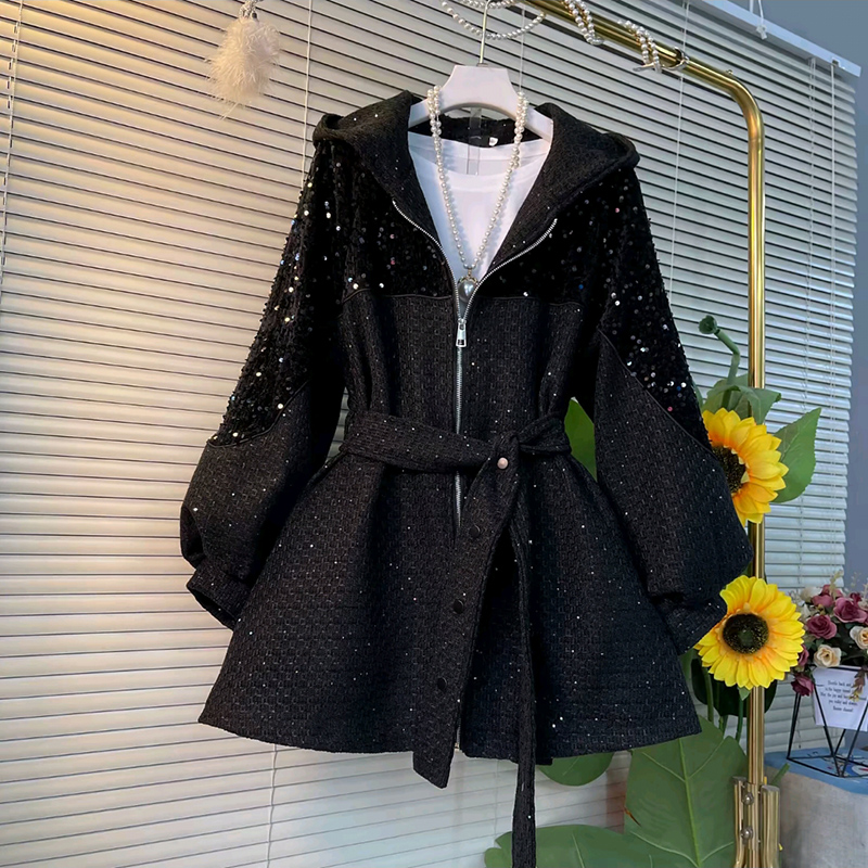 洋气亮片拼接连帽拉链腰带外套新