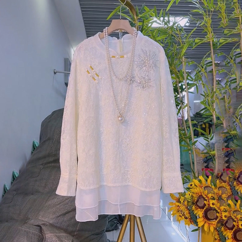 新中式钉珠花朵盘扣刺绣蕾丝衫2026春季新款胖mm大码女装国风上衣,女装/女士精品,大码内搭,淘宝优惠券,粉丝福利购,淘宝优惠卷