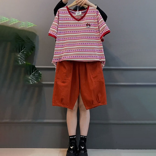 女装 宽松大码 2024春夏季 胖妹妹条纹短袖 两件套 特价 短裤 清仓