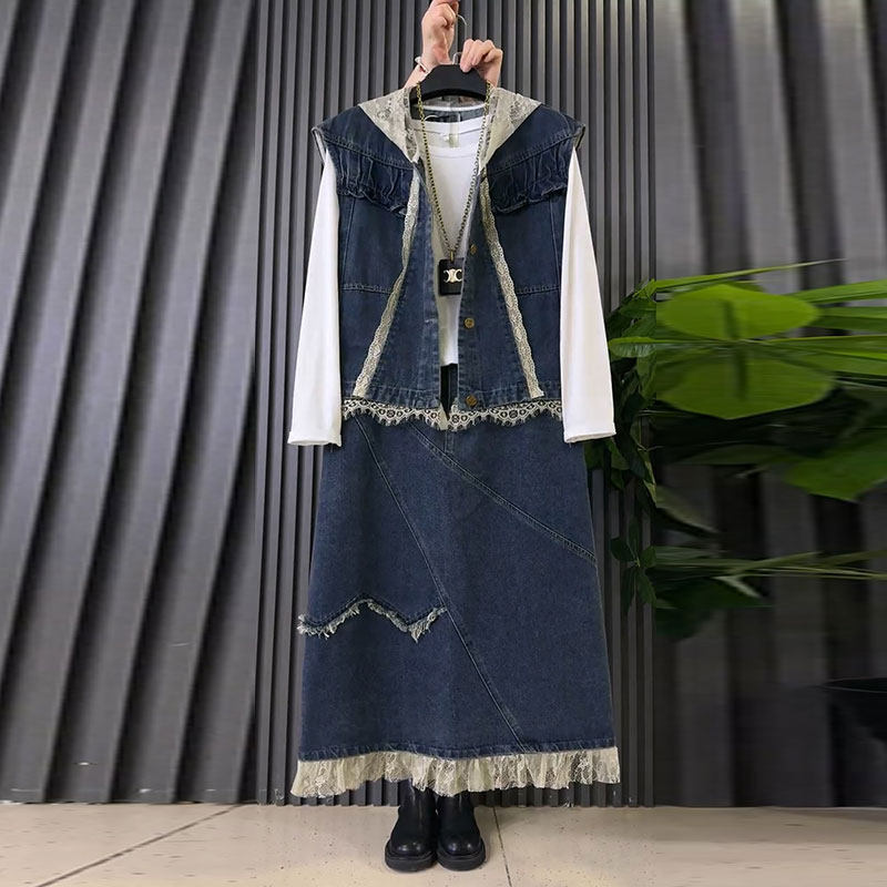 2026春季新款胖mm大码女装韩版时尚牛仔马甲打底衫半身裙三件套女,女装/女士精品,大码套装,淘宝优惠券,粉丝福利购,淘宝优惠卷