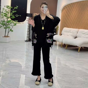 新中式大码女装刺绣流苏盘扣开叉上衣胖mm显瘦秋季毛毛边微喇裤潮