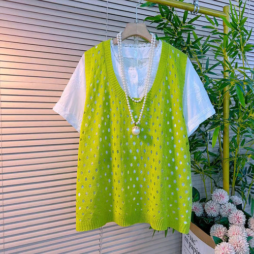 短袖刺绣小衫镂空针织马甲