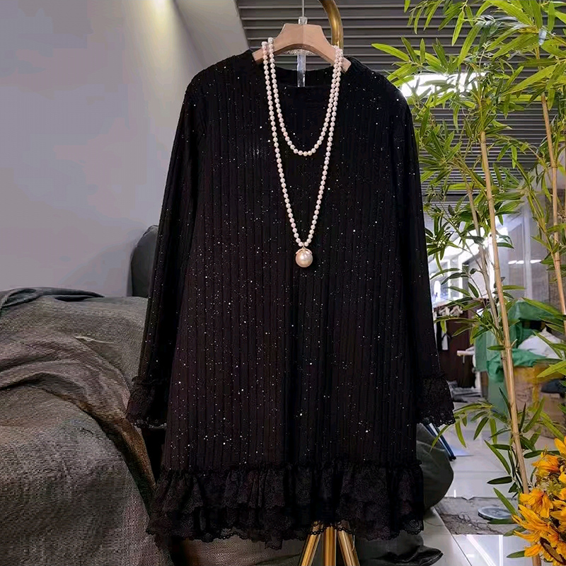 撒星拼接花边大码女装中长款大衫