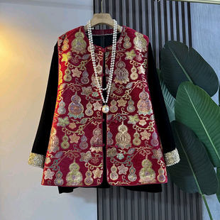 女装 国风大码 绣花马甲 盘扣马夹2025新款 胖妹妹显瘦钉珠拼接打底衫