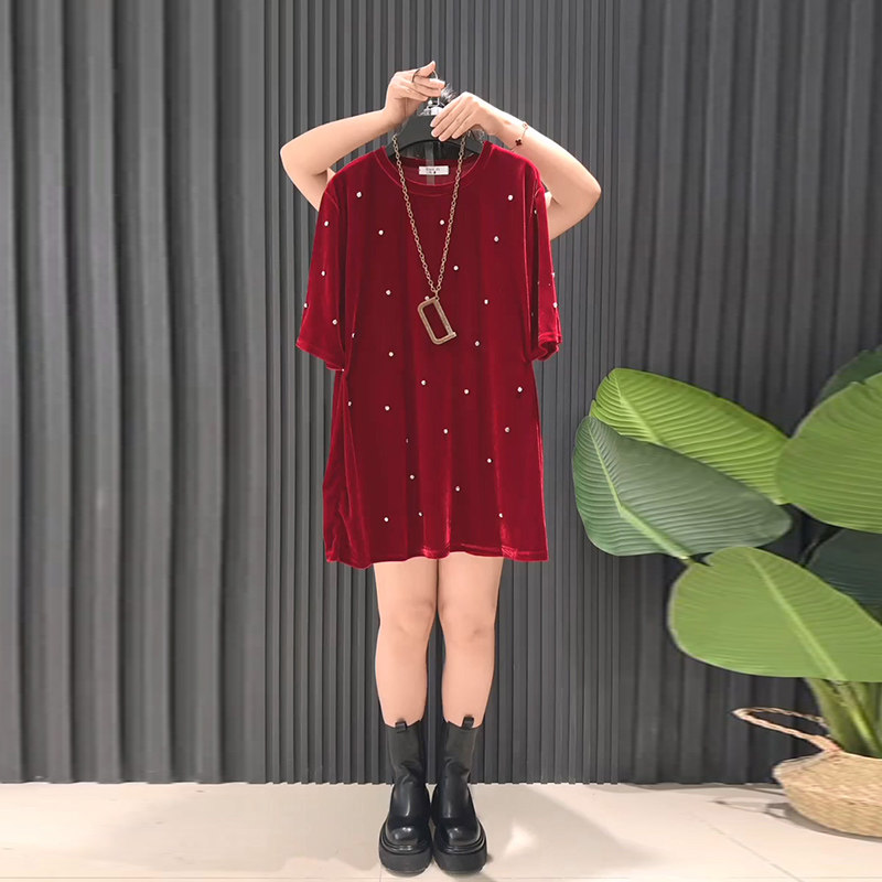 欧货2025新款胖mm韩版重工艺亮钻丝绒半袖大衫大码女装休闲上衣女,女装/女士精品,大码内搭,淘宝优惠券,粉丝福利购,淘宝优惠卷