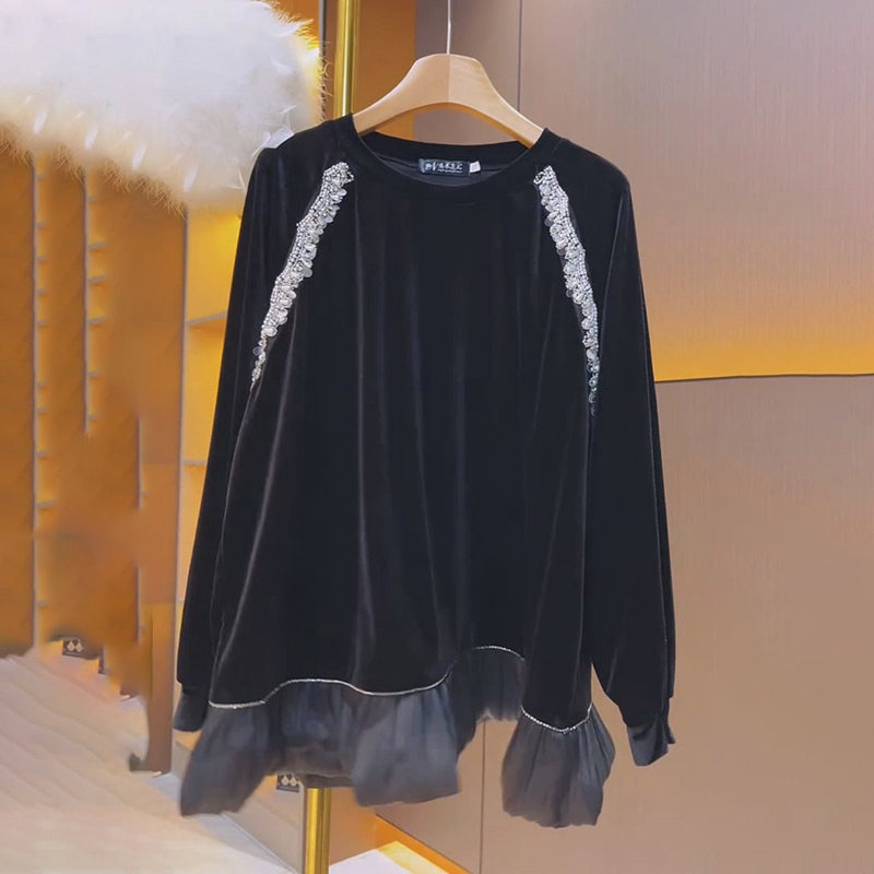 2026春季新款洋气拼接重工亮片钉珠长袖小衫胖妹妹气质显瘦女人衫,女装/女士精品,大码内搭,淘宝优惠券,粉丝福利购,淘宝优惠卷
