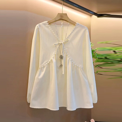 秋季时尚减龄花边泡泡袖系绳上衣